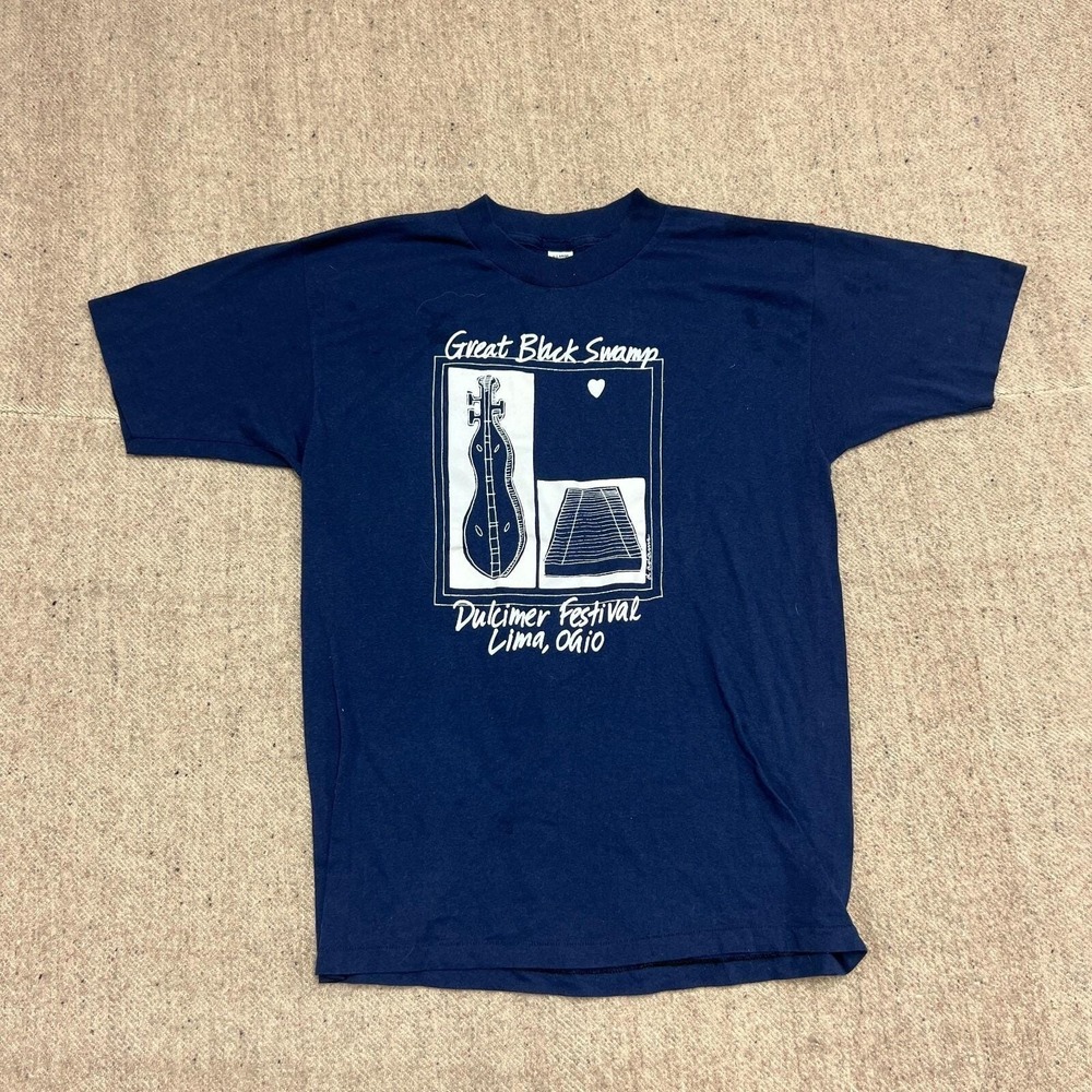 Vintage dulcimer festival Shirt Mens Medium Blue 1980s Great Black Swamp